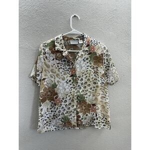 Alfred Dunner Womens Button Up Size 10 Petite Floral Animal Print Short Sleeve